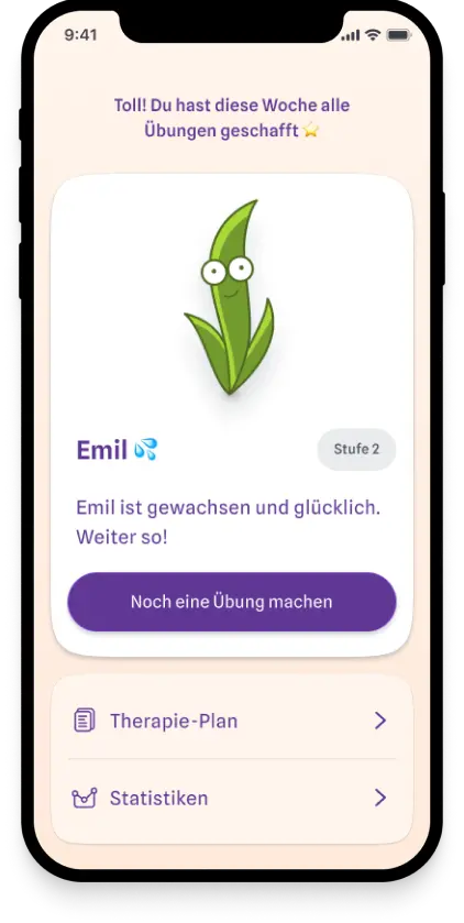 Ein Telefonbilschirm auf dem die memodio-app zu sehen ist. Es ist eine Pflanze mit dem Untertitel Emil zu sehen. Es wird darauf hingewiesen, dass die Planze aufgrund erfolgreichem Absolvierenz aller Übungen dieser Woche gewachsen ist.