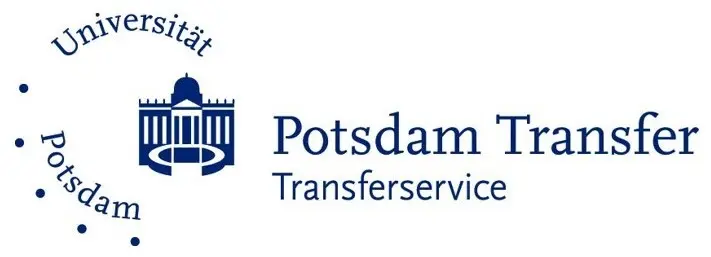 Potsdam Transfer Logo. Blaue Abstraktion des Uni-Potsdam Campus am neuen Palais mit Schriftzug